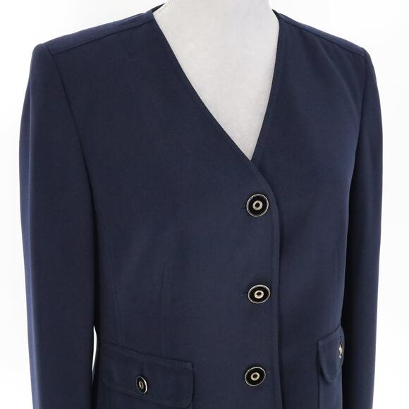 Kasper Jacket Petites 12P Navy Blue Crepe Collarless Lined Blazer Pockets Career - Picture 6 of 14